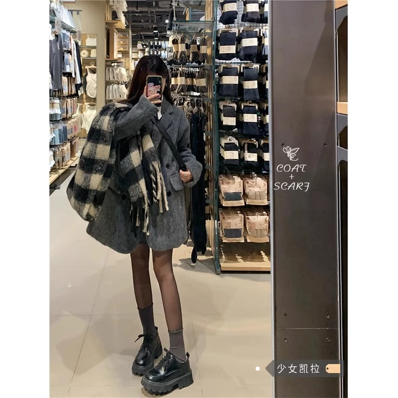 灰色西装毛呢外套女秋冬季加厚小个子复古小众呢子中长款大衣潮