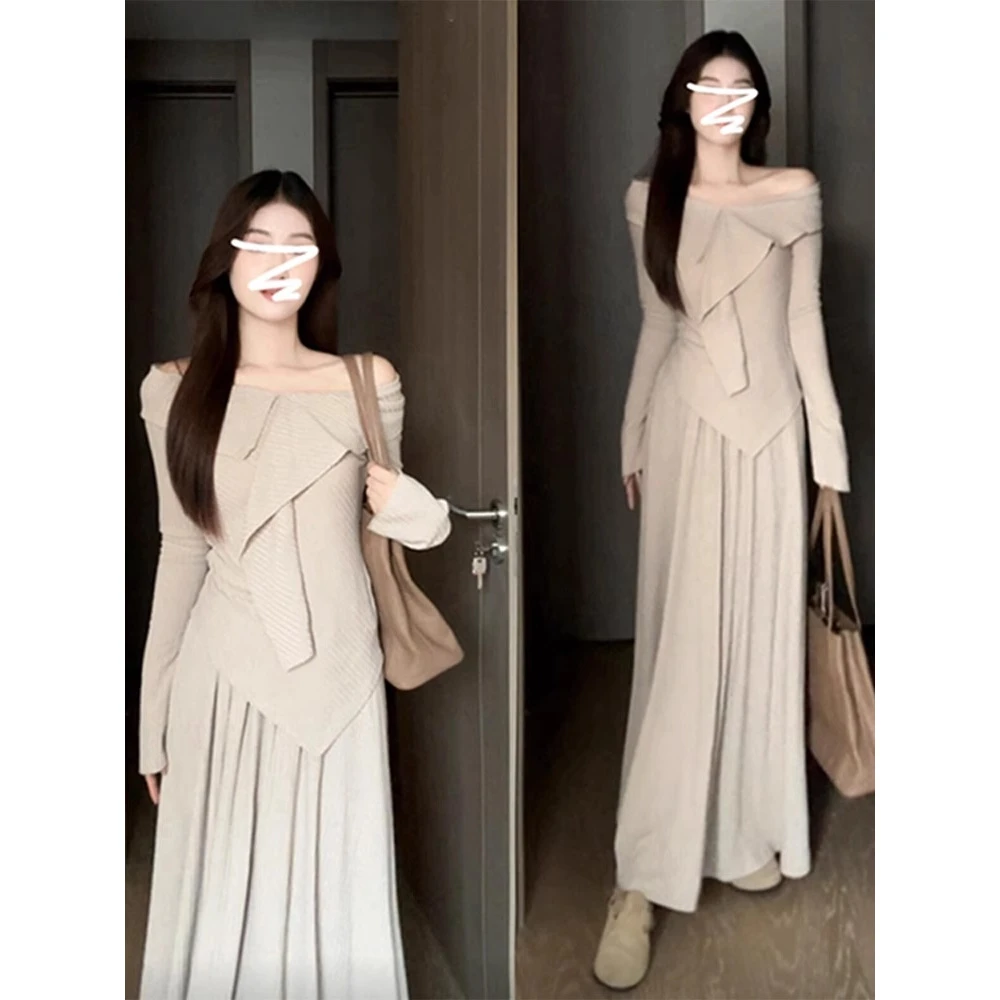 早秋装2024新款一字肩针织连衣裙子女秋冬季韩系穿搭一整套装长裙