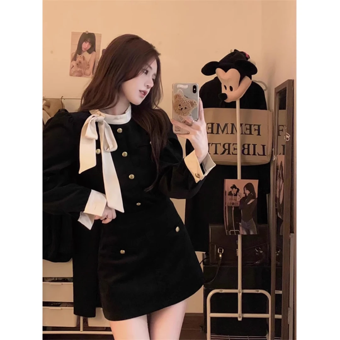 秋冬搭配一整套富家千金连衣裙miu系穿搭韩剧女主小香风赫本风裙