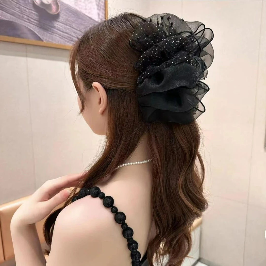 双拼网纱抓夹蓬松百搭大发夹夏季云朵大号发卡波点后脑勺泡泡发饰