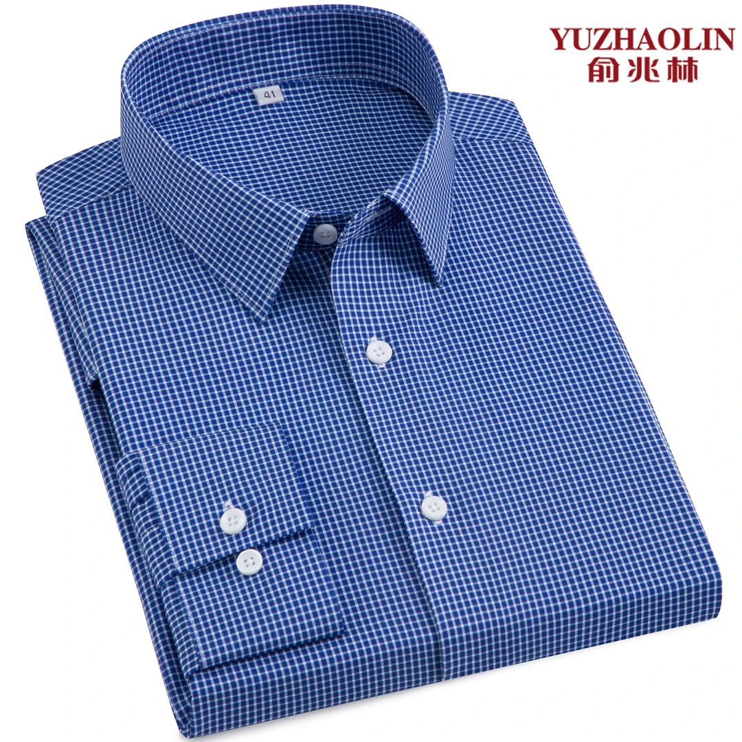 春夏季高档男士商务衬衫长袖中年薄款免烫蓝格子衬衣时尚休闲男装