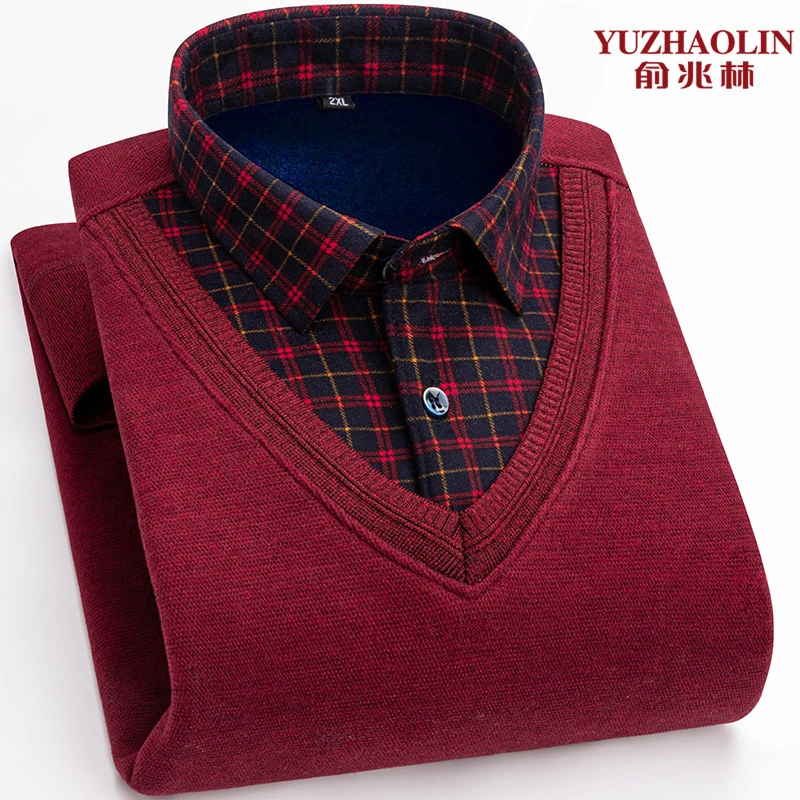 俞兆林冬季加绒衬衫领假两件上衣男款休闲百搭加厚保暖针织打底衫