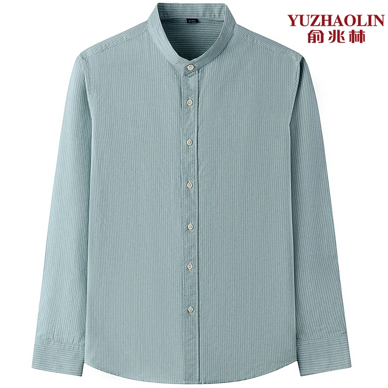 100棉 立领衬衫男长袖休闲春秋季男士条纹纯棉衬衣圆领流行复古风