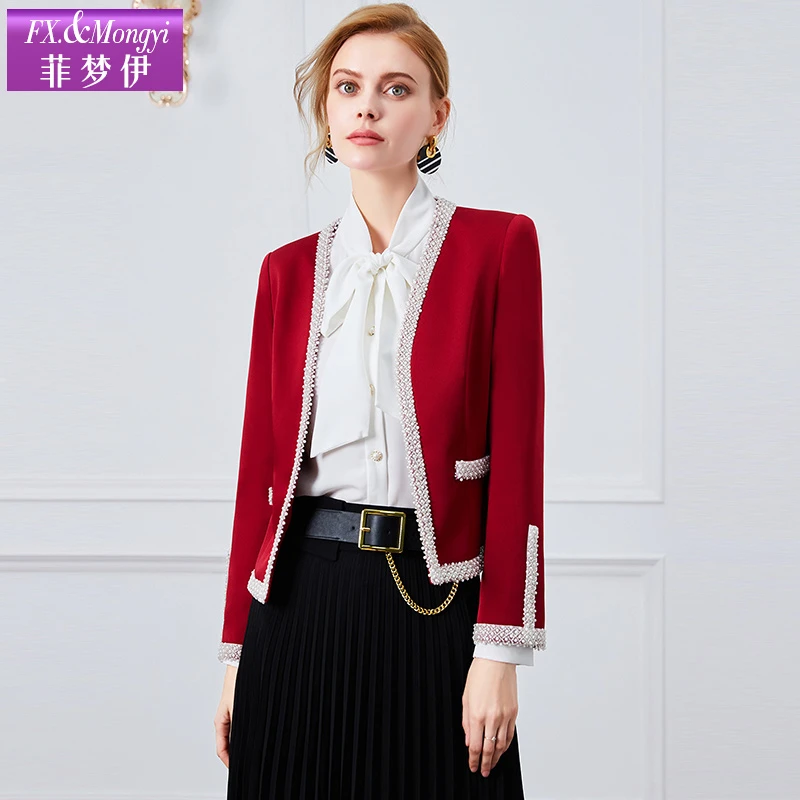 菲梦伊小香风短外套女春秋法式名媛时尚V领钉珠百搭西装上衣41289