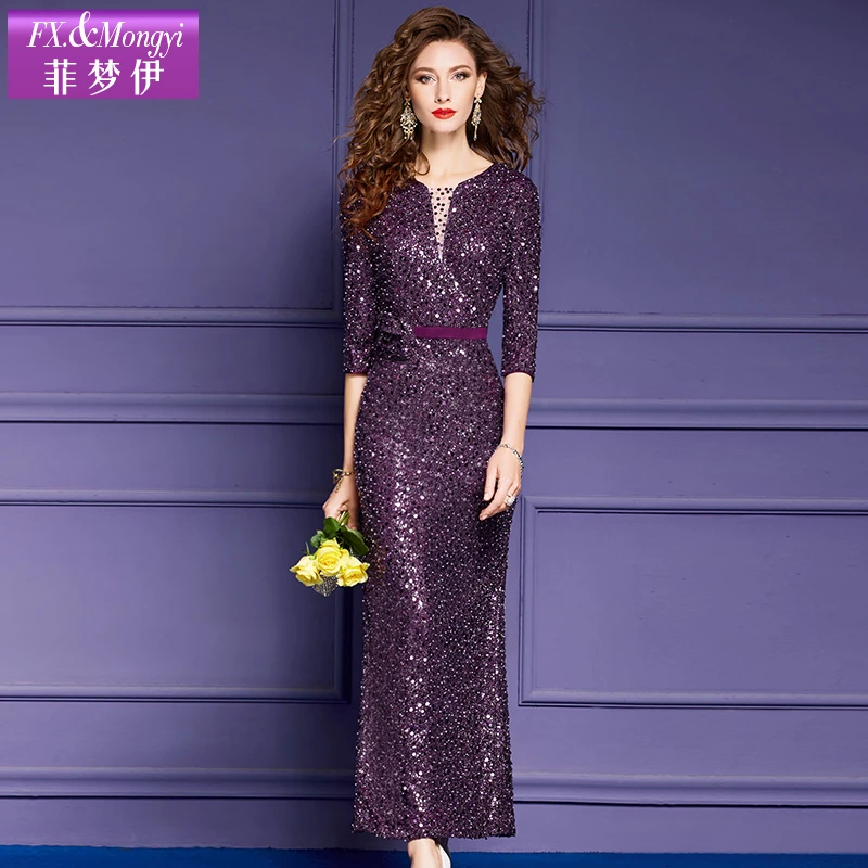 菲梦伊亮片高贵连衣裙修身秋冬高级感轻熟女人味礼服长裙女53568