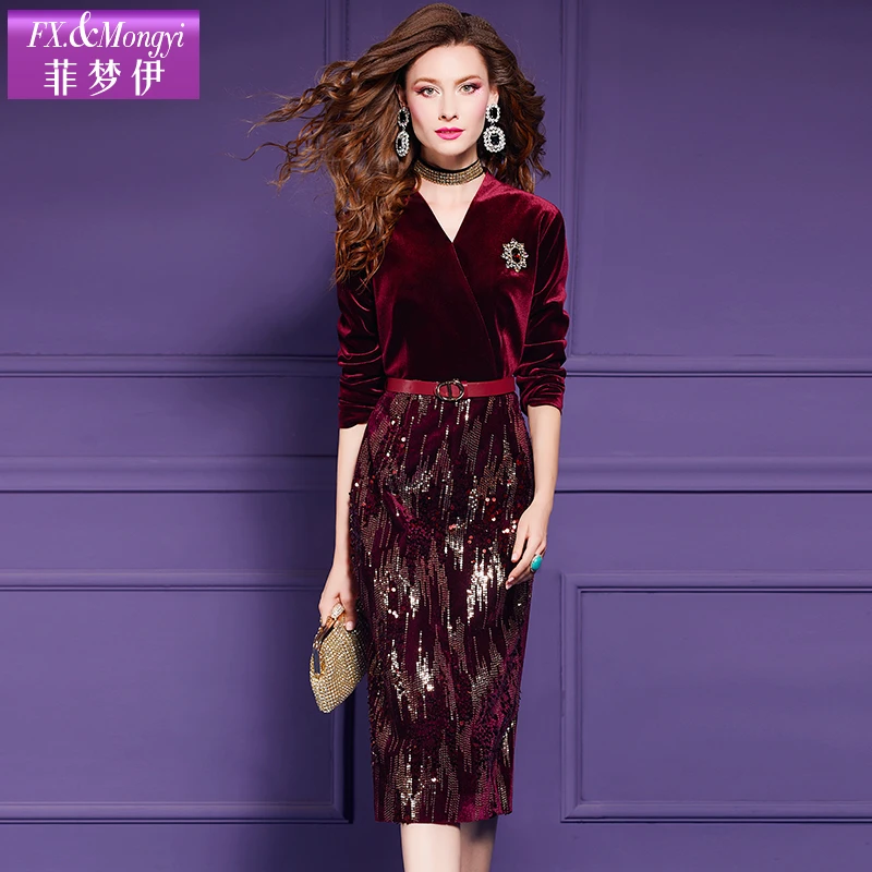菲梦伊新款时尚亮片拼接长袖假两件丝绒连衣裙59945