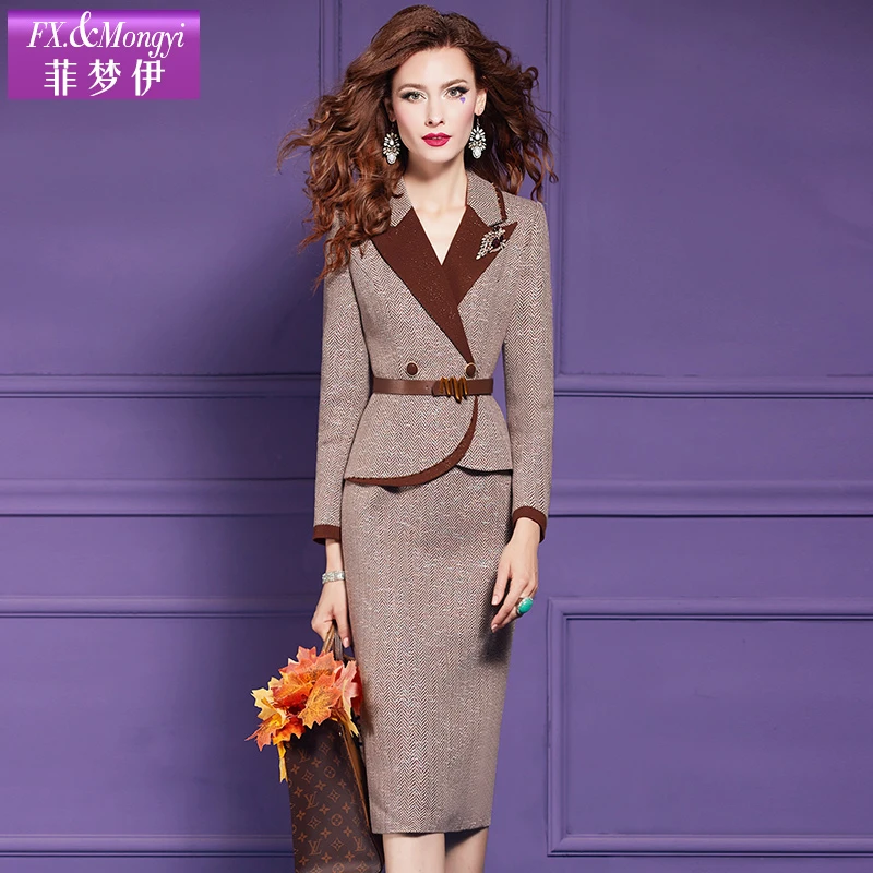 菲梦伊原创新款绵羊毛西装领假两件秋冬新款时尚连衣裙59296-新