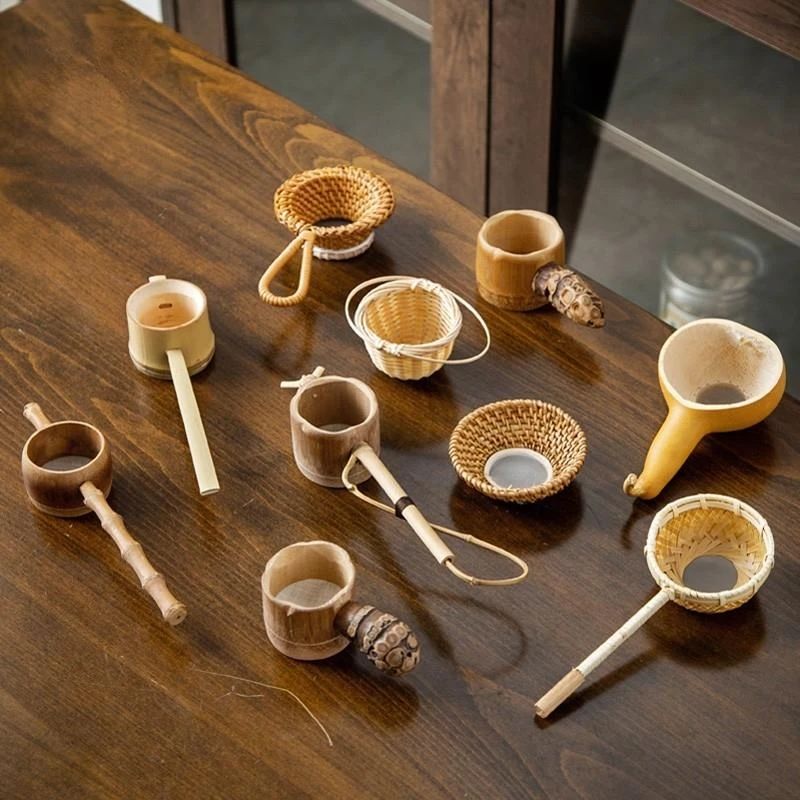 竹编藤编竹根茶滤茶漏复古创意茶渣茶道滤茶器编织滤网手柄茶漏网