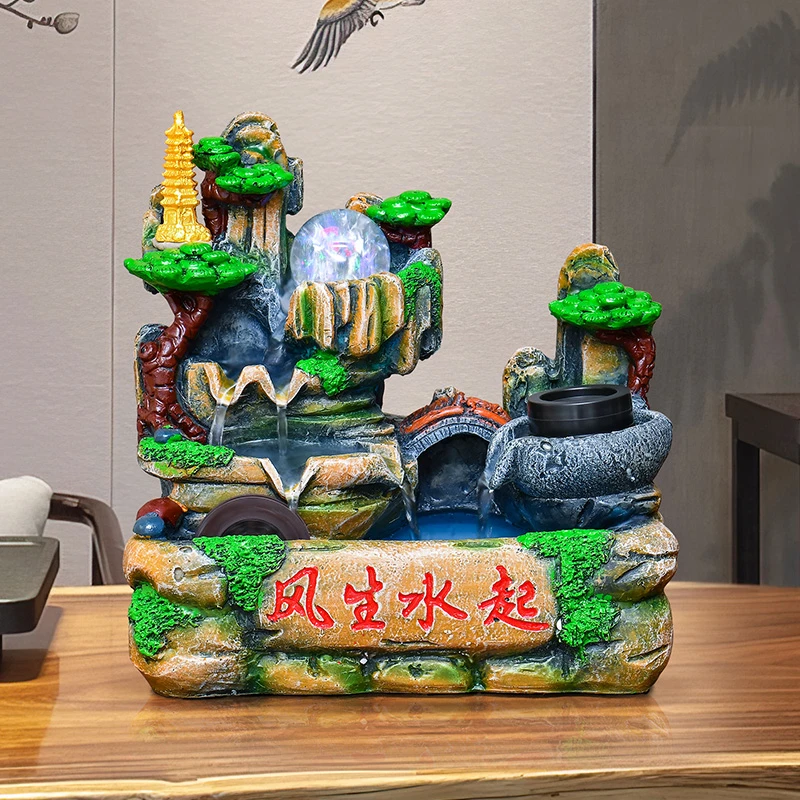 桌面景观鱼池假山循环流水摆件展示柜客厅办公桌开业送礼乔迁礼品