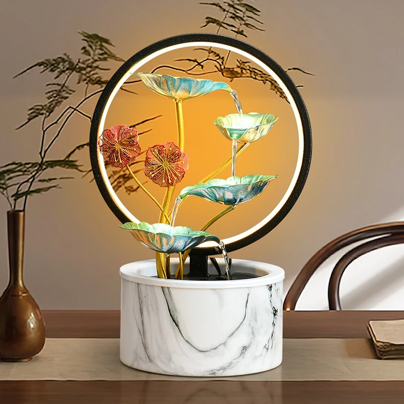 循环流水景观桌面摆件茶室办公桌展示柜荷花装饰乔迁开业送礼摆件