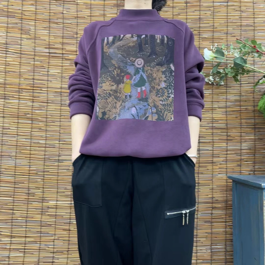 6606新款加绒加厚秋冬卡通印花半高领套头宽松显瘦休闲卫衣