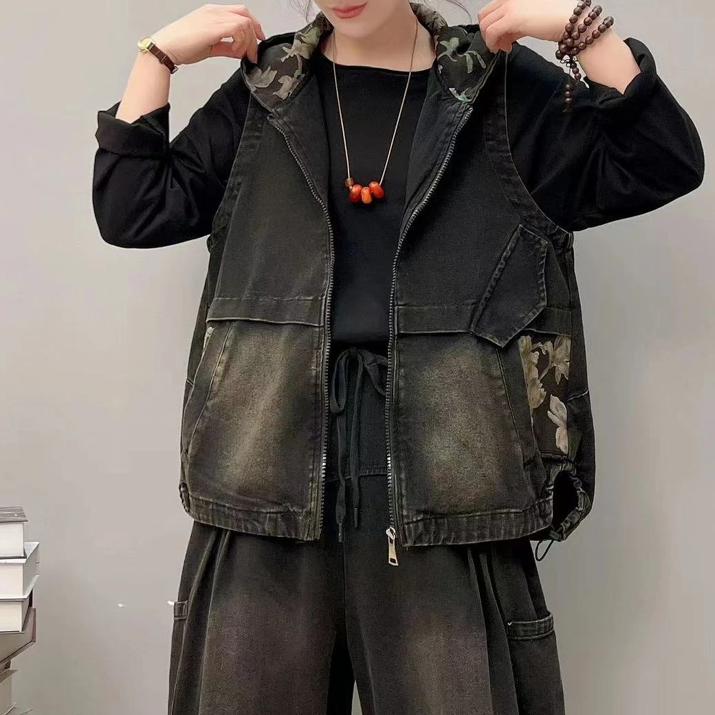 2011新款春秋百搭宽松口袋拼色连帽马甲