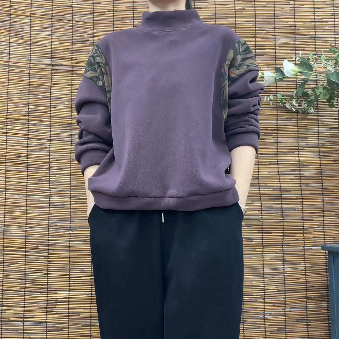 7233新款加绒加厚休闲百搭印花拼接半高领卫衣