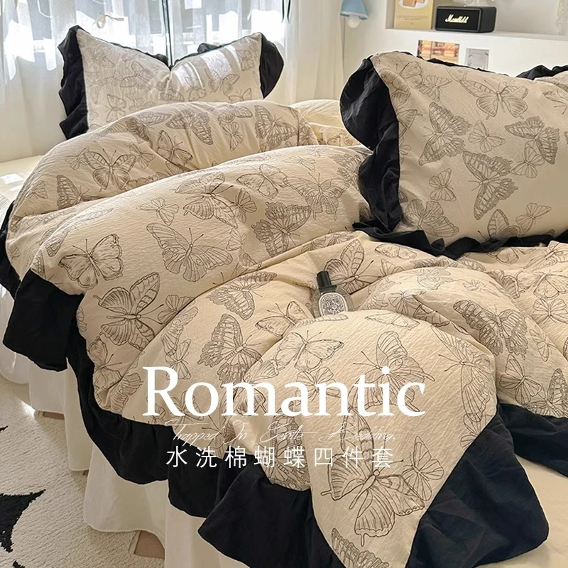 法式蝴蝶四件套水洗棉公主风复古床上用品2024新款宿舍单人三件套