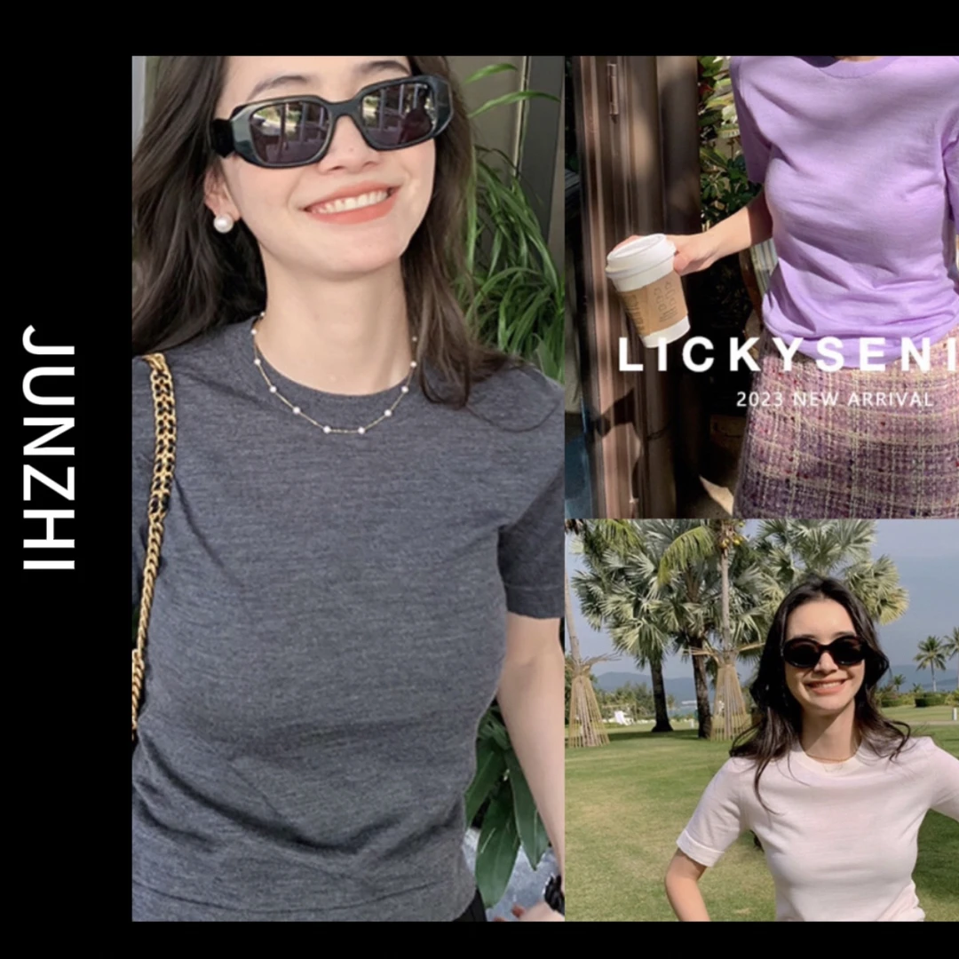 【君之】“简约”女春夏精纺羊毛+桑蚕丝针织短袖经典T台走秀款