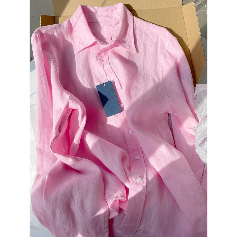 欧尼韩舍今年流行粉色仿棉麻高级感衬衫女春夏秋24年新款长袖衬衣