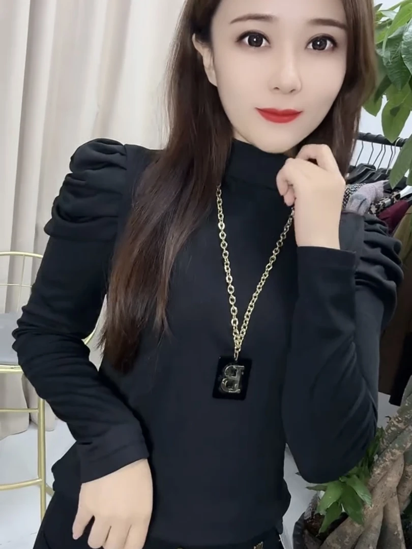 打底女半高领泡泡袖上衣女修身显瘦洋气内搭打底衫秋冬季加绒T恤