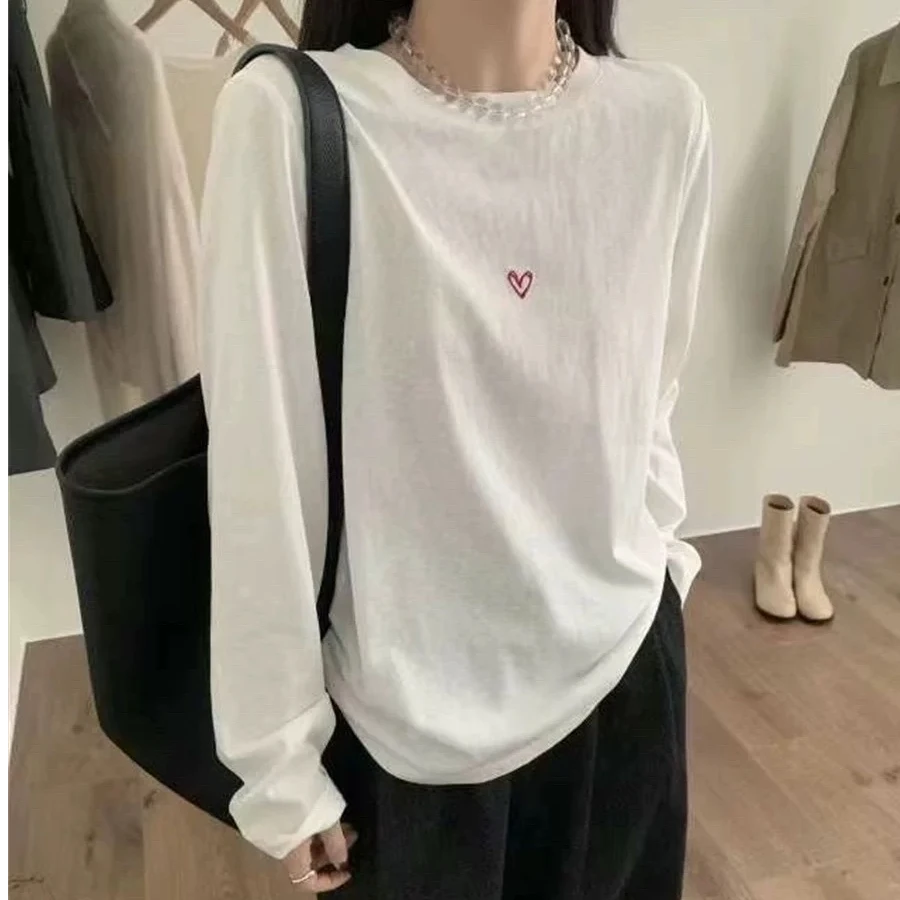 秋冬女装雪花棉T恤刺绣爱心长袖打底韩版圆领