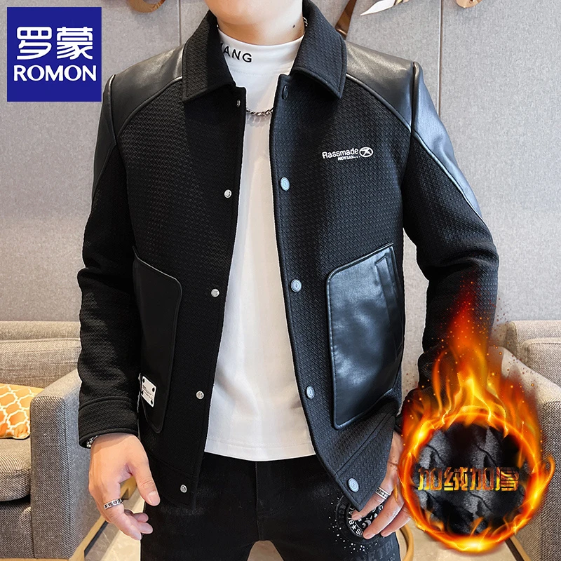 Romon/罗蒙秋冬季新款男士拼接休闲夹克百搭潮流加绒加厚翻领外套