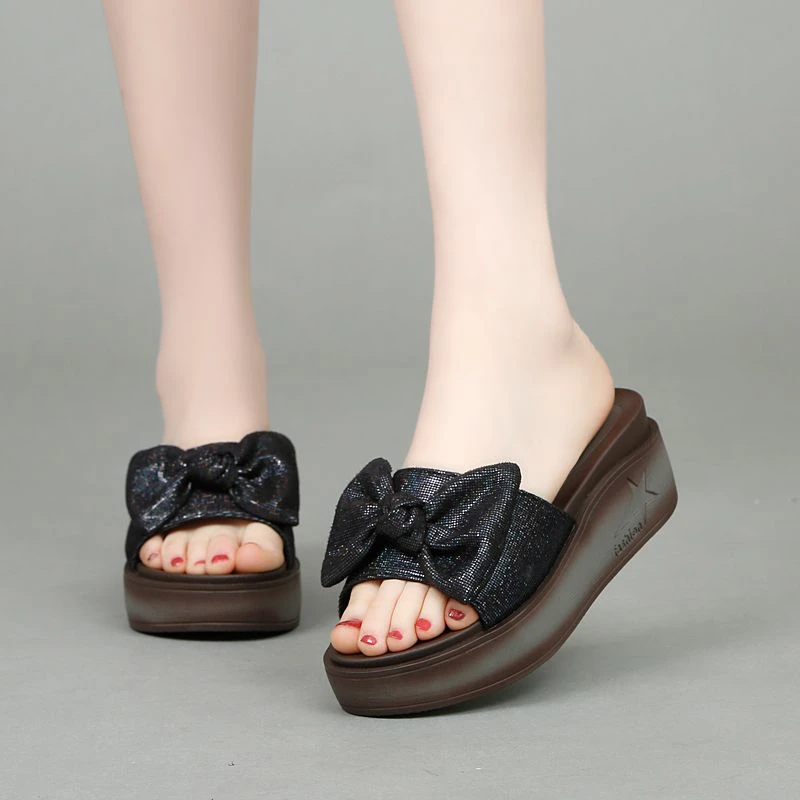外穿凉拖鞋女士软底一字拖厚底凉鞋时尚百搭韩版蝴蝶结坡跟拖鞋女