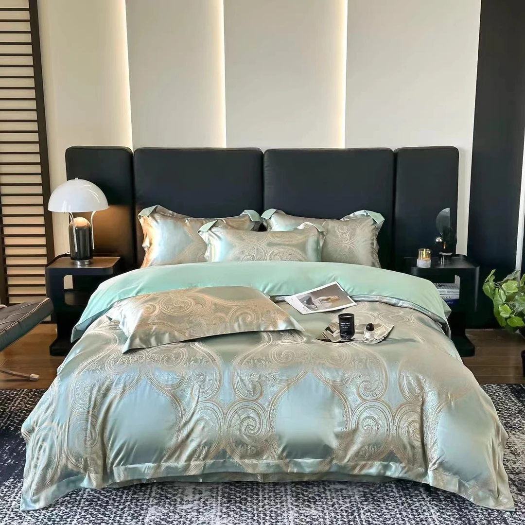 海蓝之梦 轻奢贡缎提花四件套春秋冬不滑床无静电欧式四件套简约