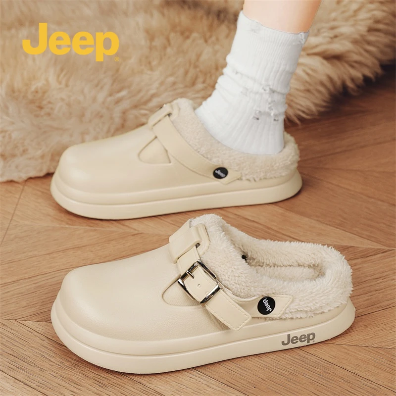 JEEP/吉普女鞋秋冬勃肯拖鞋2025新款加绒半拖厚底外穿毛毛棉拖鞋