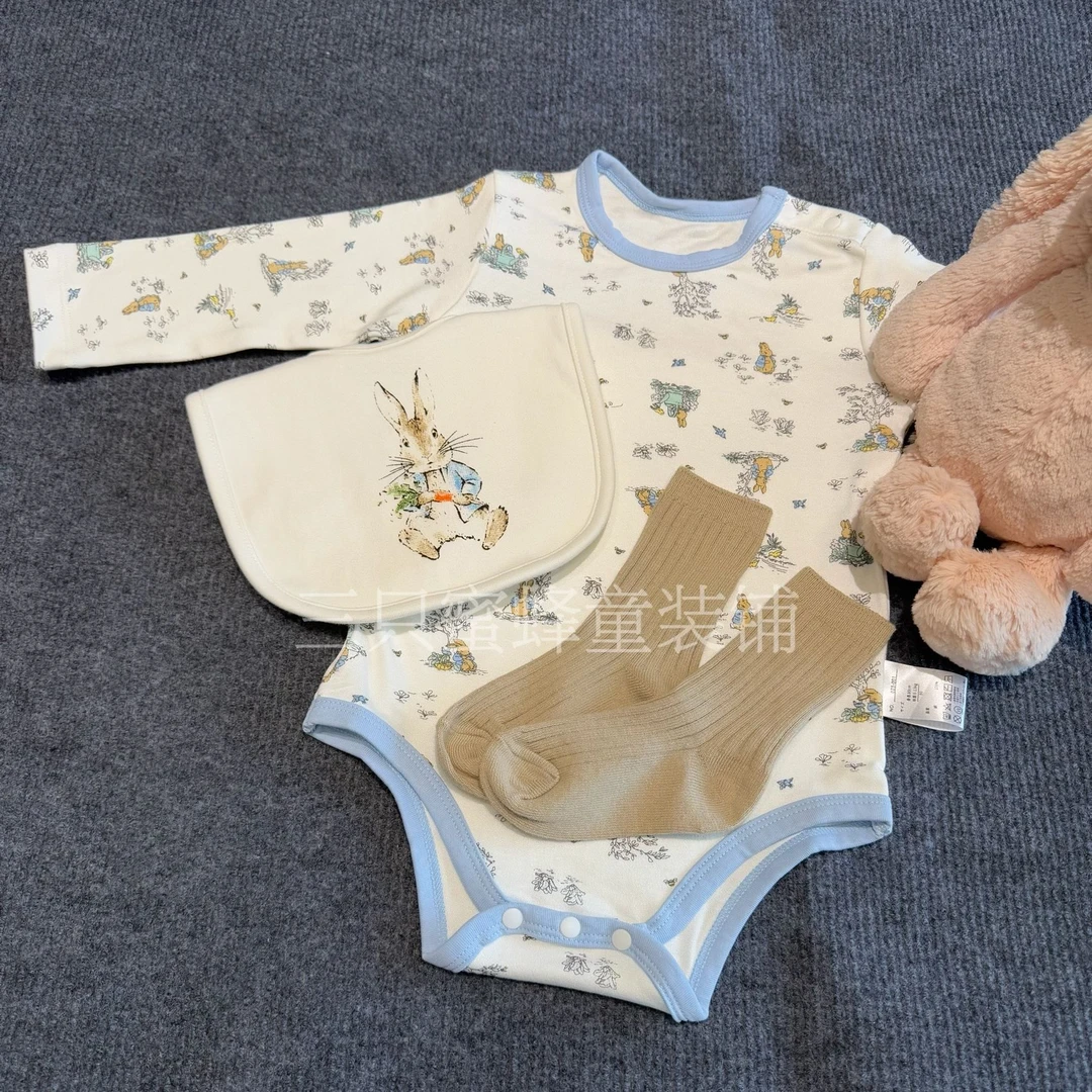 【白色彼得兔】超萌四季款带口水巾纯棉长袖包屁衣爬衣婴儿