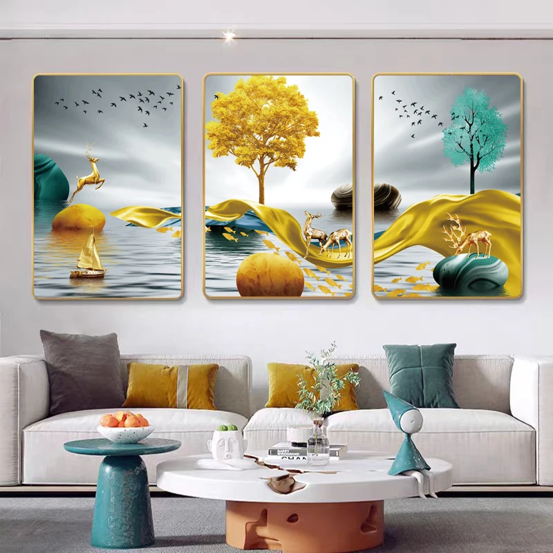 S013现代简约一鹿有你新中式沙发背景墙三联山水画轻奢大气壁画