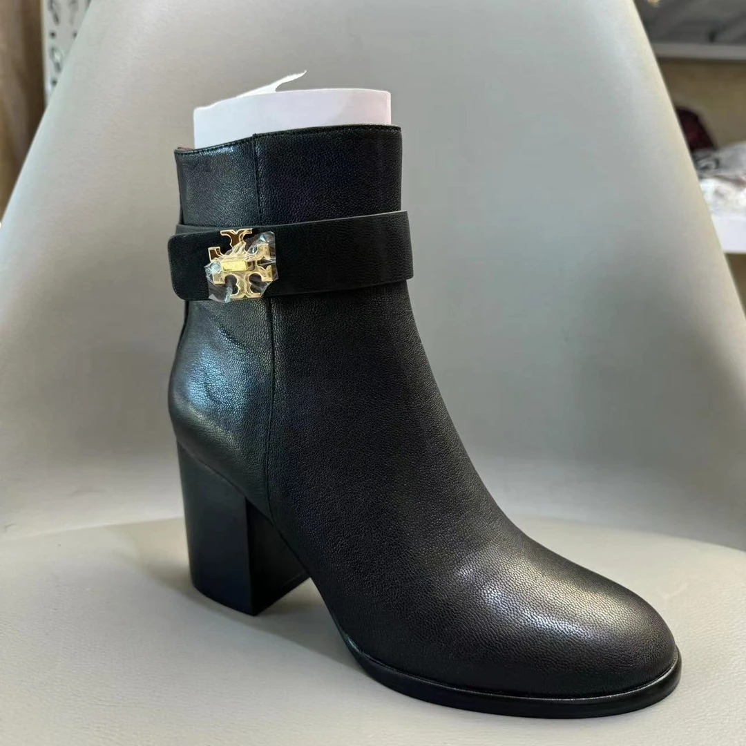 99新 TORY BURCH/汤丽柏琦 黑色粗跟圆头短靴