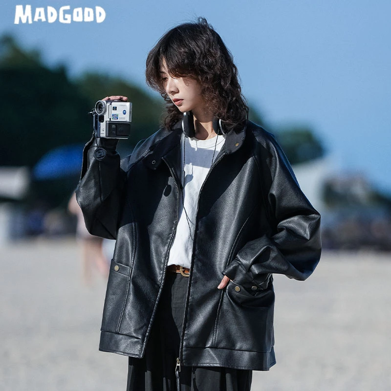 madgood马得工地秋冬街头百搭古着水洗环保皮夹克外套MDJK230713