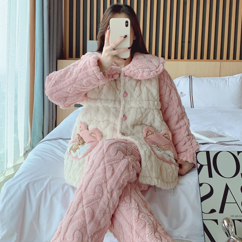 月子服秋冬三层夹棉产后喂奶加厚加绒冬季保暖孕妇家居哺乳睡衣套