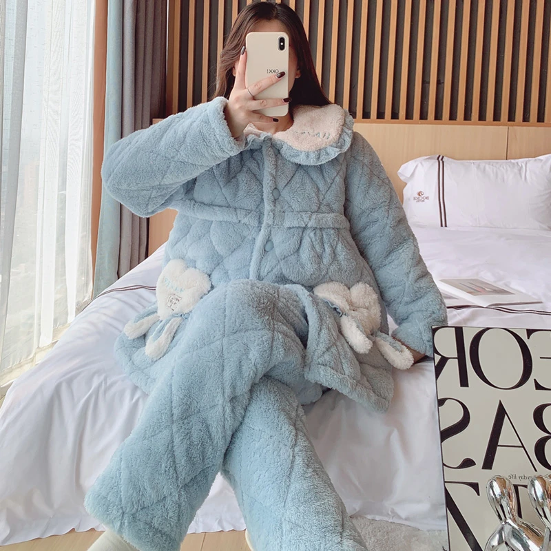 月子服秋冬三层夹棉产后喂奶加厚加绒冬季保暖孕妇家居哺乳睡衣套