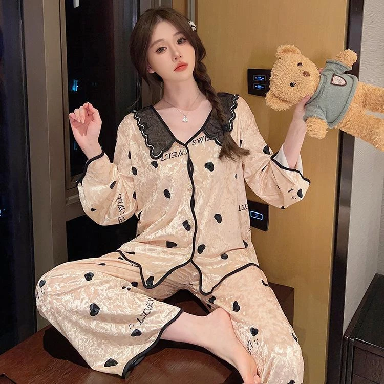 桃心甜美睡衣套装女秋冬季金丝绒长袖长裤女可外穿休闲家居服女Y