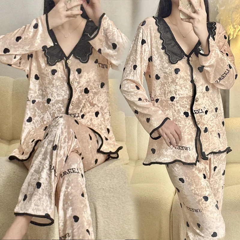 小爱心【金丝绒】秋冬甜美睡衣女套装娃娃领家居服可外出睡衣女Y