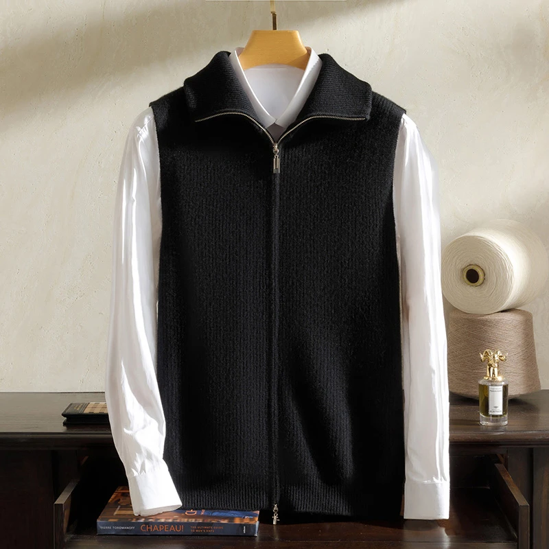 100纯山羊绒马甲新款加厚元宝针翻领无袖针织开衫外套保暖时尚