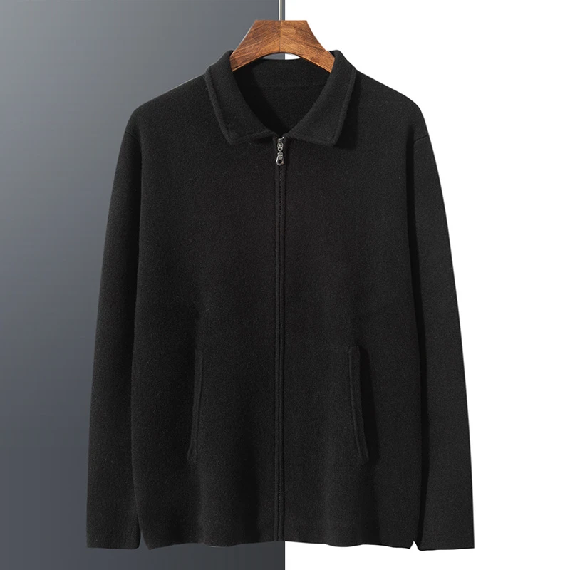100%纯山羊绒行政夹克四平加厚POLO领商务男士空气层翻领开衫外套