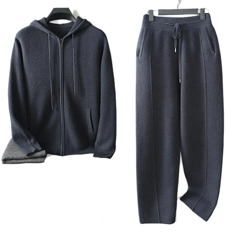 男士重磅加厚100%纯山羊绒套装秋冬时尚休闲连帽针织保暖两件套