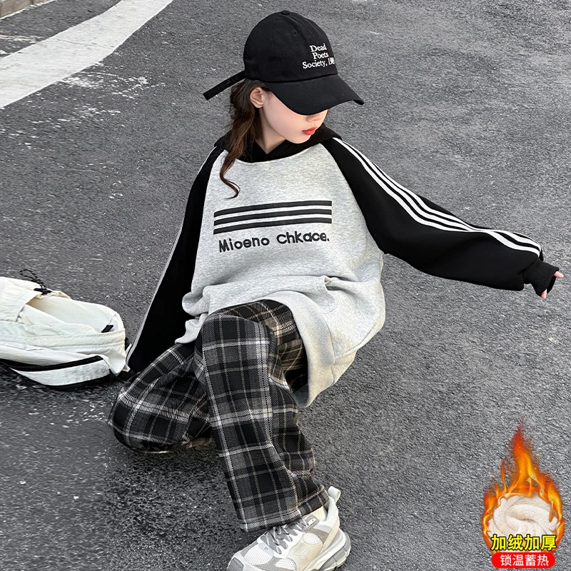 女童秋冬2024新款加绒卫衣套装洋气时髦冬装韩系高级感穿搭两件套