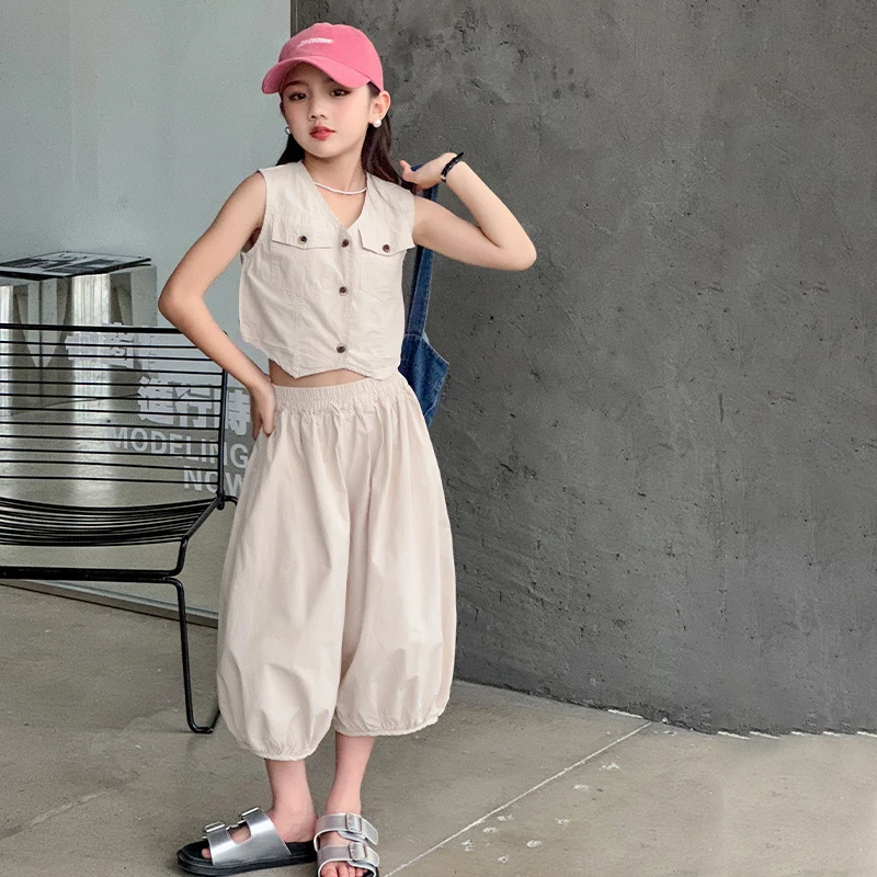 女童工装无袖灯笼裤两件套2024夏季新款儿童女孩背心九分裤夏套装