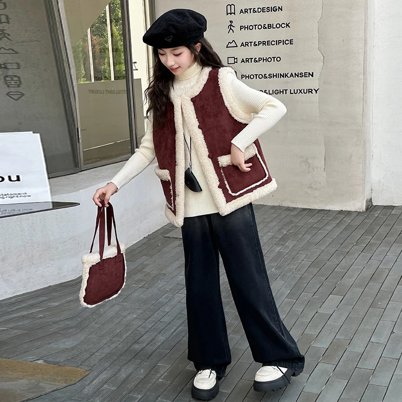 女童套装秋冬装2024新款加厚加绒女大童毛毛马甲毛衣阔腿裤三件套