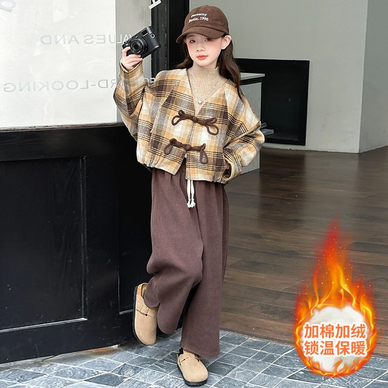 女童秋冬款套装2024新款女大童短款格子毛呢外套加绒阔腿裤两件套