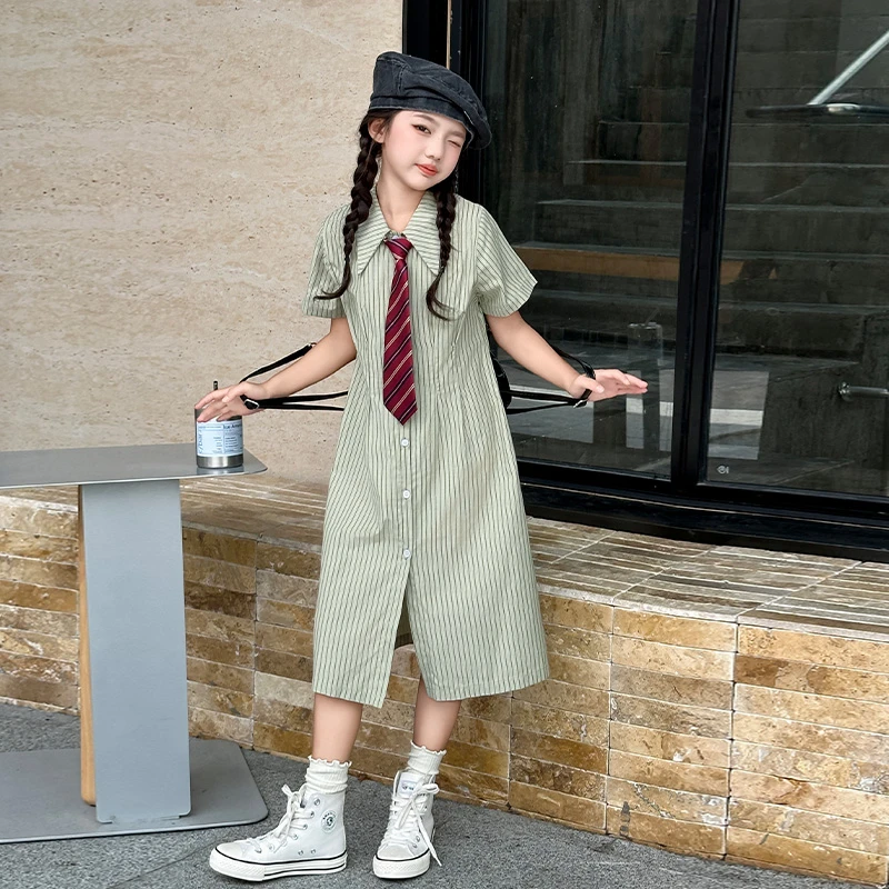 女童连衣裙夏季2024新款洋气条纹衬衣中大儿童裙子学院风女孩夏装