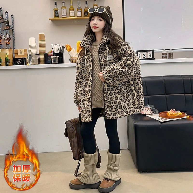 女童加绒加厚外套秋冬装2024新款洋气时髦中大童豹纹冬季儿童衣服