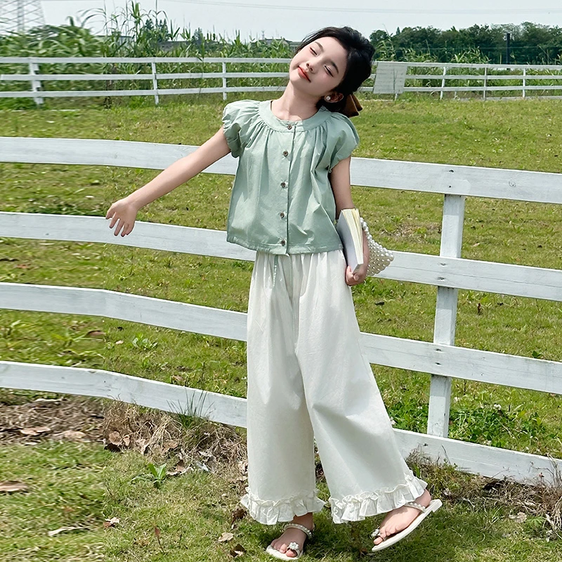 女童夏装短袖套装休闲薄款夏季儿童女大童衬衫长裤阔腿裤两件套