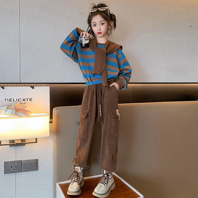 女童套装秋冬装大儿童冬季披肩条纹卫衣女孩春秋卫衣工装裤三件套