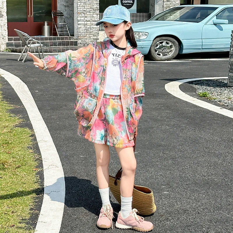 女童防晒套装小女孩时髦洋气轻薄短裤夏装长袖防晒衣夏季两件套潮