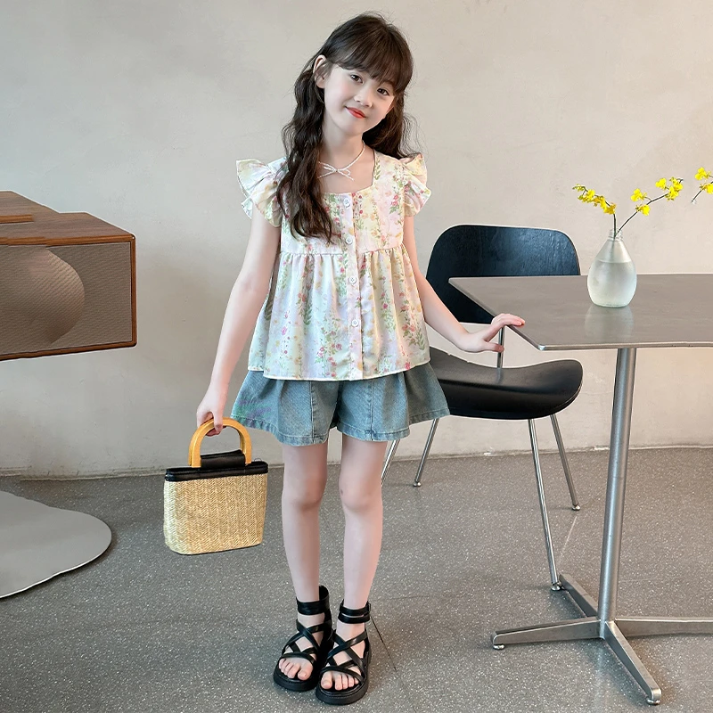 女童夏装套装2024新款洋气女孩夏季时髦碎花娃娃衫牛仔短裤两件套