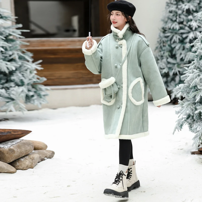 女童大衣秋冬2024新款女孩中长款韩版加绒外套儿童女冬季皮毛一体