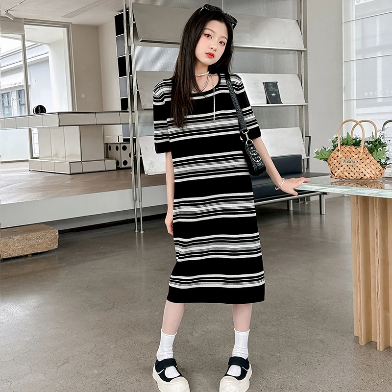 女童短袖连衣裙2024夏季新款儿童时尚洋气针织拼色裙子大童公主裙