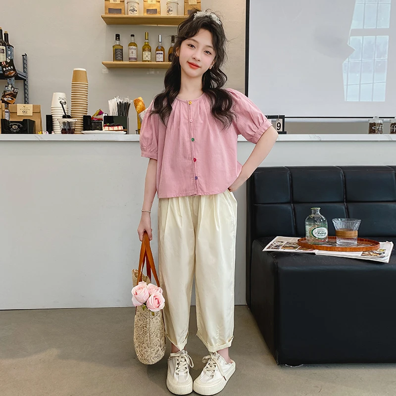 女童夏季洋气2025新款泡泡袖衬衣韩系休闲阔腿裤小清新6-12岁女孩